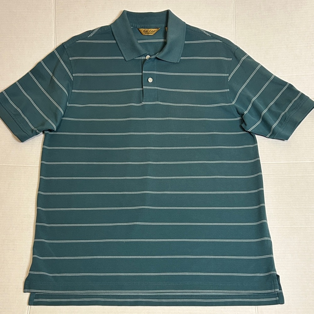 Gold Label Sz Medium Teal Striped Polo Shirt.Performance Pique Roundtree & York